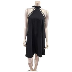 Black Halter Dress Size M Lace Trim Open Back Cocktail Sleeveless
